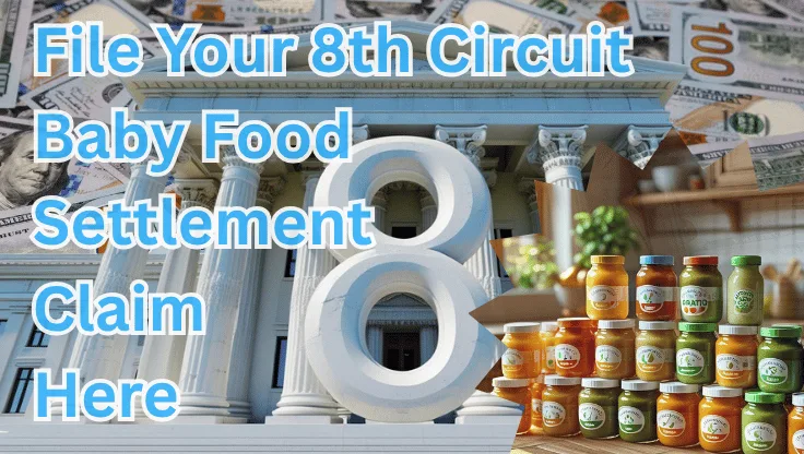 File Your 8th Circuit Baby Food Settlement Claim Here text on depiction of Eighth Circuit court with toddler puree jars and high value cash backdrop.