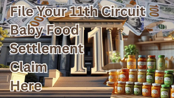 File Your 11th Circuit Baby Food Settlement Claim Here text on depiction of Eleventh Circuit court with toddler puree jars and high value cash backdrop.