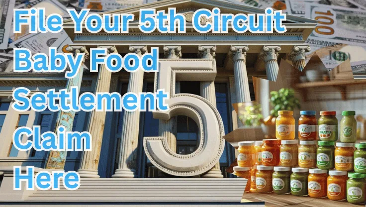File Your 5th Circuit Baby Food Settlement Claim Here text on depiction of Fifth Circuit court with toddler puree jars and high value cash backdrop.