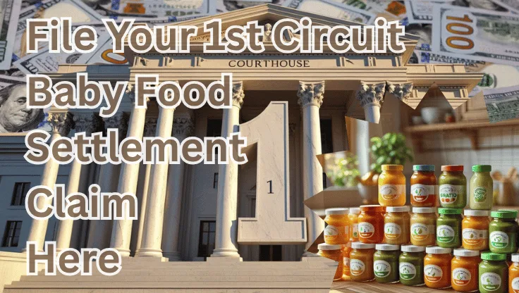 File Your 1st Circuit Baby Food Settlement Claim Here text on depiction of First Circuit court with toddler puree jars and high value cash backdrop.