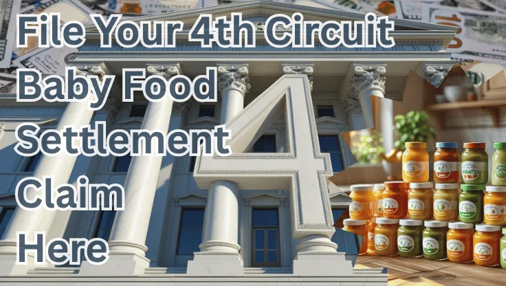 File Your 4th Circuit Baby Food Settlement Claim Here text on depiction of Fourth Circuit court with toddler puree jars and high value cash backdrop.