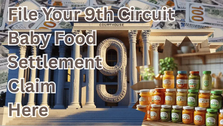 File Your 9th Circuit Baby Food Settlement Claim Here text on depiction of Ninth Circuit court with toddler puree jars and high value cash backdrop.