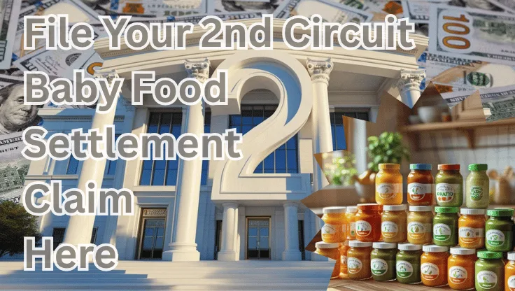 File Your 2nd Circuit Baby Food Settlement Claim Here text on depiction of Second Circuit court with toddler puree jars and high value cash backdrop.