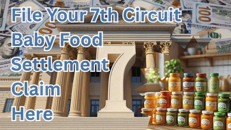 File Your 7th Circuit Baby Food Settlement Claim Here text on depiction of Seventh Circuit court with toddler puree jars and high value cash backdrop.