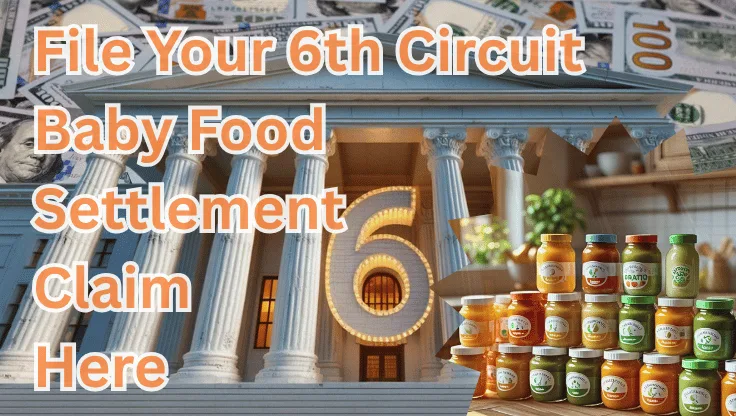 File Your 6th Circuit Baby Food Settlement Claim Here text on depiction of Sixth Circuit court with toddler puree jars and high value cash backdrop.
