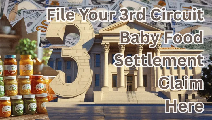 File Your 3rd Circuit Baby Food Settlement Claim Here text on depiction of Third Circuit court with toddler puree jars and high value cash backdrop.