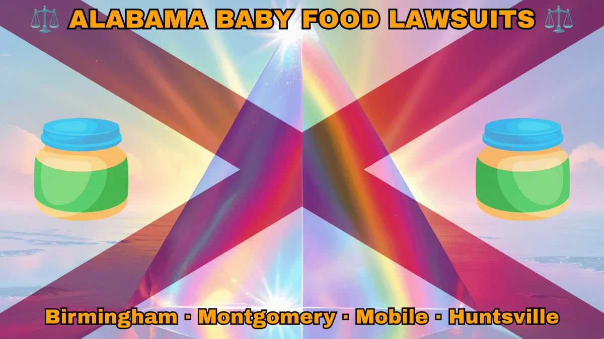 ALABAMA BABY FOOD LAWSUITS: Birmingham, Montgomery, Mobile, and Huntsville text on AL state flag adorned with Gerber/Beech-Nut jars on the Autism spectrum depicted near a red St. Andrew's cross on a white background.
