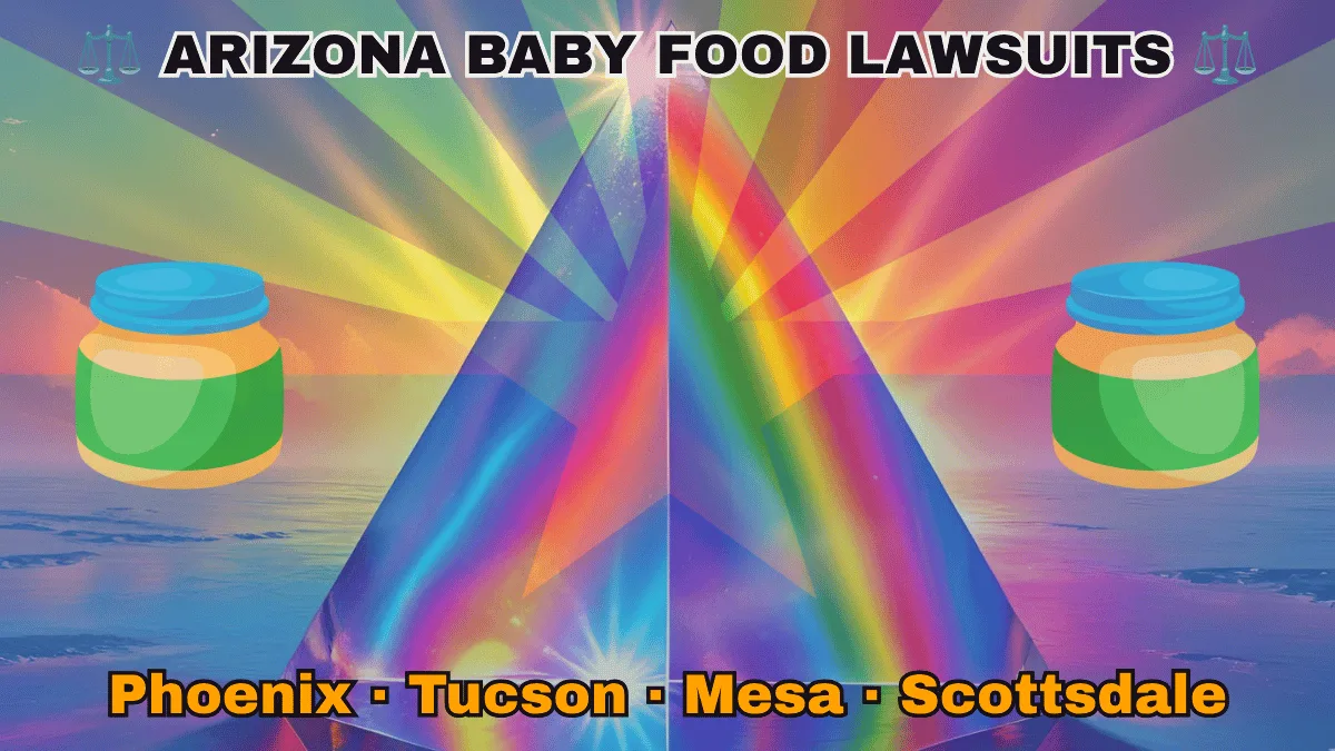 ARIZONA BABY FOOD LAWSUITS: Phoenix, Tucson, Mesa, and Scottsdale text on AZ state flag adorned with Gerber/Beech-Nut jars on the Autism spectrum depicted near red and yellow rays with a copper star above a blue field