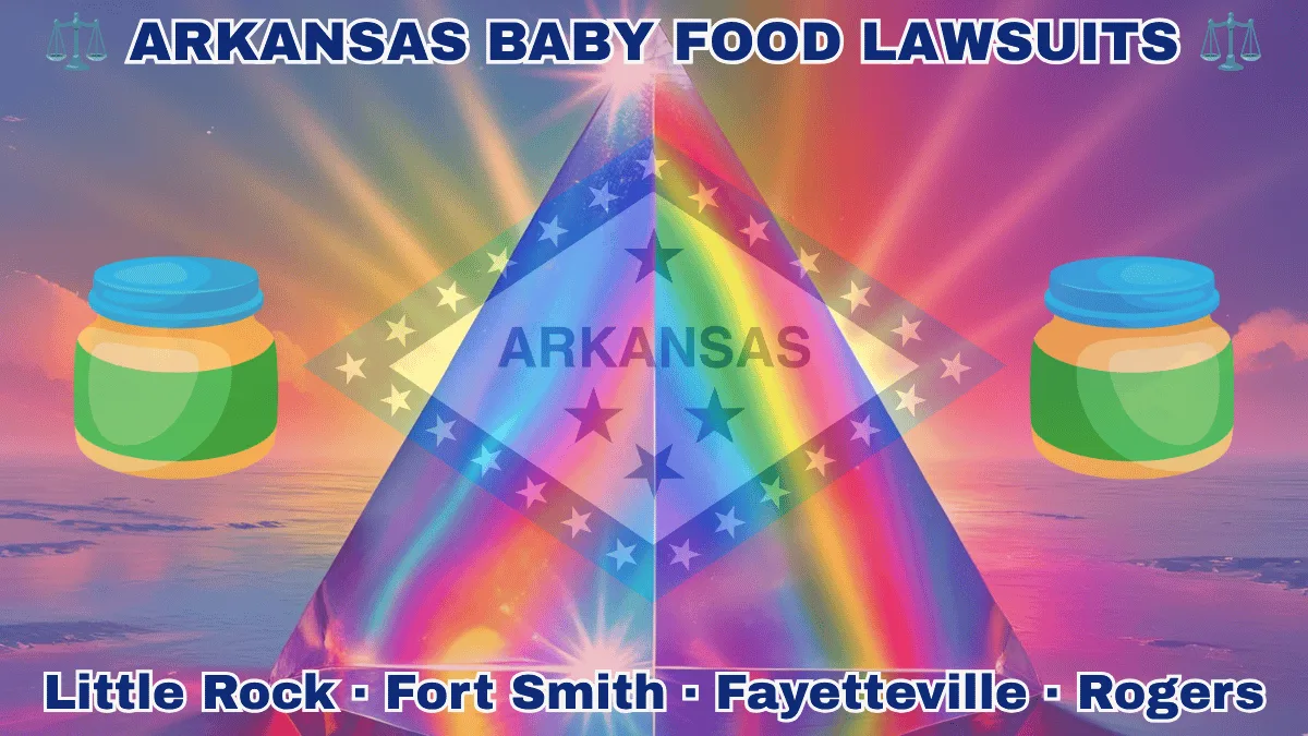 ARKANSAS BABY FOOD LAWSUITS: Little Rock, Fort Smith, Fayetteville, and Rogers text on AR state flag adorned with Gerber/Beech-Nut jars on the Autism spectrum depicted on a diamond-shaped border lined with stars