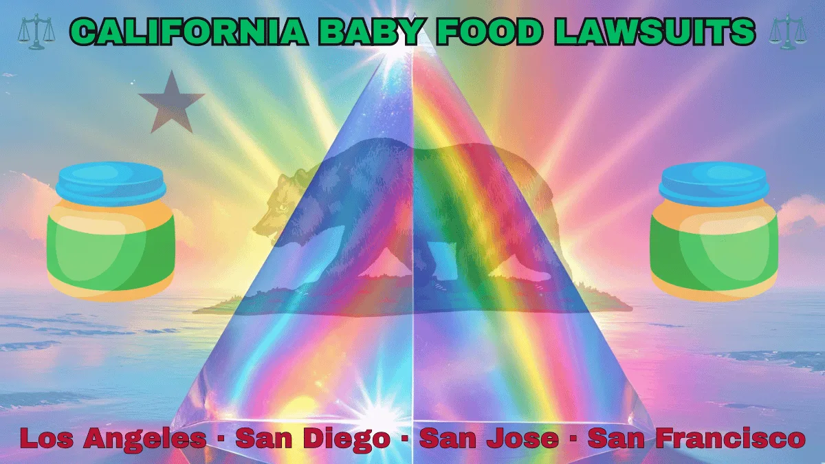 CALIFORNIA BABY FOOD LAWSUITS: Los Angeles, San Diego, San Jose, and San Francisco text on CA state flag adorned with Gerber/Beech-Nut jars on the Autism spectrum depicted near a grizzly bear and red star.