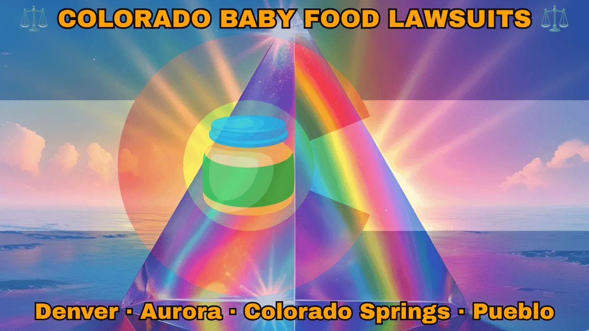 COLORADO BABY FOOD LAWSUITS: Denver, Aurora, Colorado Springs, and Pueblo text on CO state flag adorned with Gerber/Beech-Nut jars on the Autism spectrum depicted near an old red "C" with a golden circle on blue and white stripes