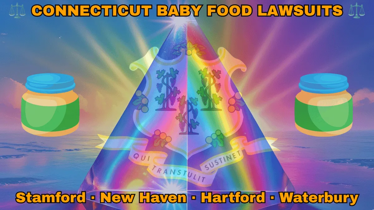 CONNECTICUT BABY FOOD LAWSUITS: Stamford, New Haven, Hartford, and Waterbury text on CT state flag adorned with Gerber/Beech-Nut jars on the Autism spectrum depicted on a blue field near a white shield and three grapevines
