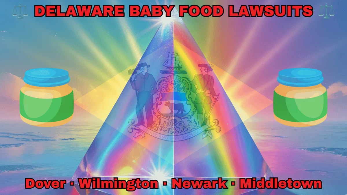 DELAWARE BABY FOOD LAWSUITS: Dover, Wilmington, Newark, and Middletown text on DE state flag adorned with Gerber/Beech-Nut jars on the Autism spectrum depicted near a coat of arms and 1787 date