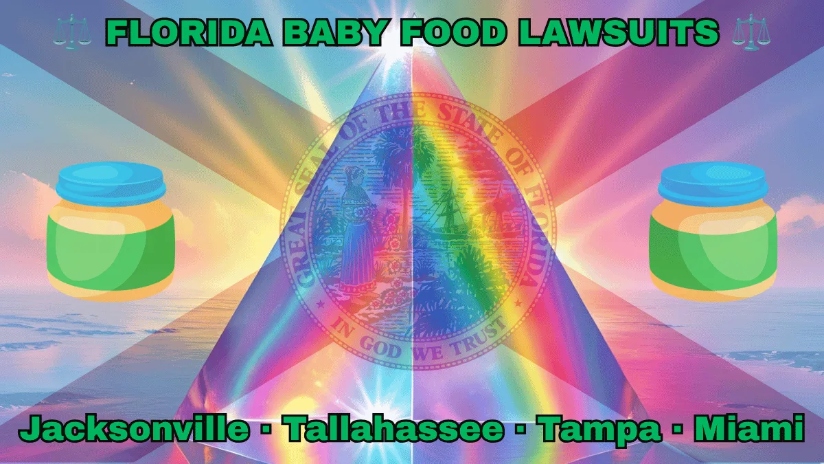 FLORIDA BABY FOOD LAWSUITS: Jacksonville, Tallahassee, Tampa, and Miami text on FL state flag adorned with Gerber/Beech-Nut jars on the Autism spectrum depicted near a red cross and SEAL of a Seminole woman scattering flowers by a shoreline with a boat, palm trees, and sunlight.