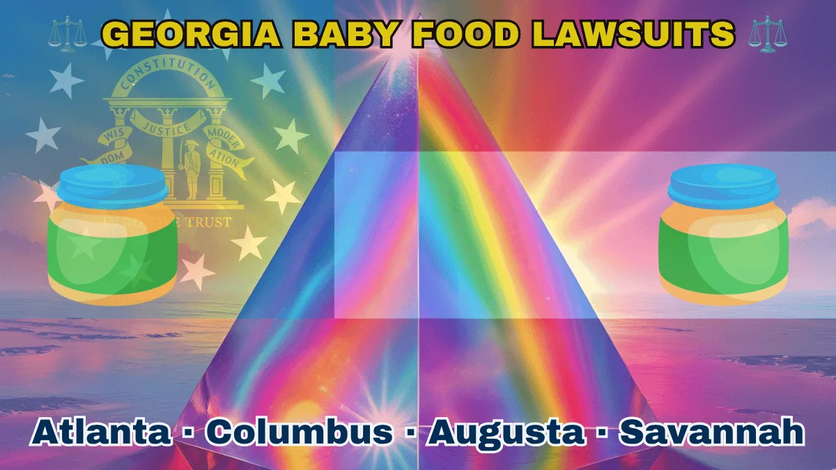 GEORGIA BABY FOOD LAWSUITS: Atlanta, Columbus, Augusta, and Savannah text on GA state flag adorned with Gerber/Beech-Nut jars on the Autism spectrum depicted near a gold arch on blue canton with three pillars and 13 white stars, next to three thick red and white stripes.