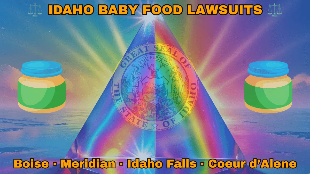 IDAHO BABY FOOD LAWSUITS: Boise, Meridian, Idaho Falls, and Coeur d’Alene text on ID state flag adorned with Gerber/Beech-Nut jars on the Autism spectrum depicted on a blue field near the official seal and banner
