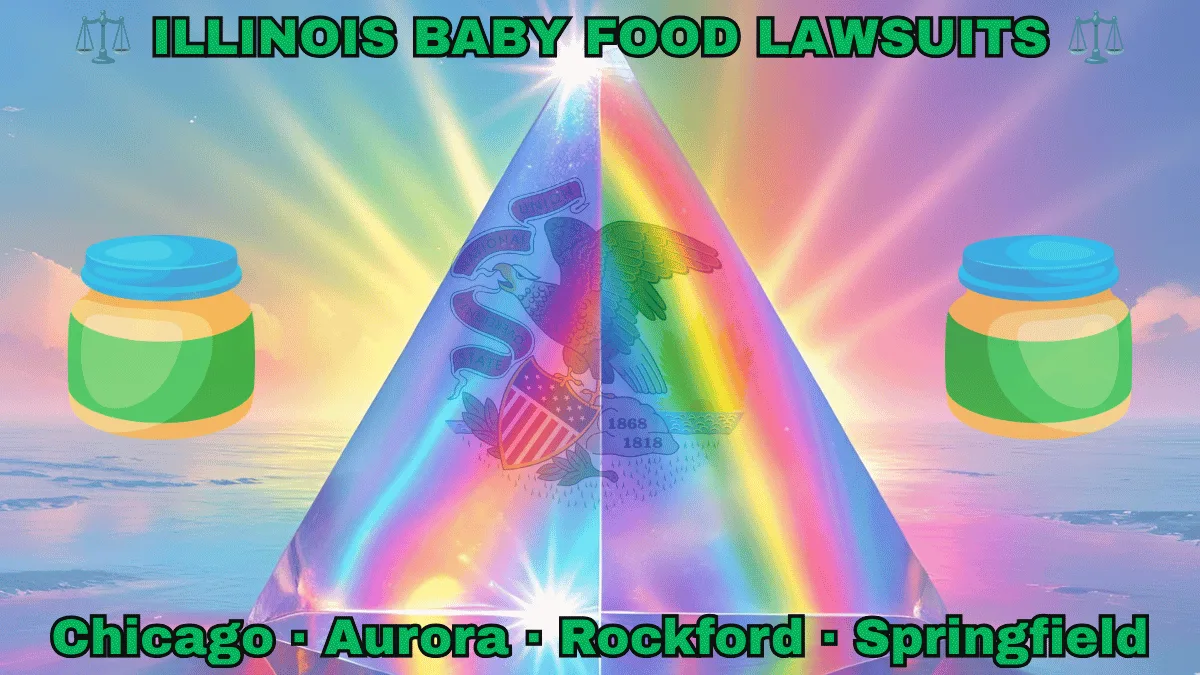 ILLINOIS BABY FOOD LAWSUITS: Chicago, Aurora, Rockford, and Springfield text on IL state flag adorned with Gerber/Beech-Nut jars on the Autism spectrum depicted near a bald eagle perched on a rock and holding a shield, as the sun shines bright.