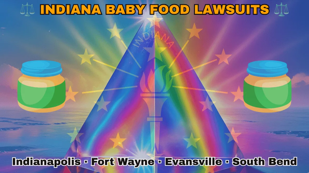 INDIANA BABY FOOD LAWSUITS: Indianapolis, Fort Wayne, Evansville, and South Bend text on IN state flag adorned with Gerber/Beech-Nut jars on the Autism spectrum depicted near a gold torch and stars.