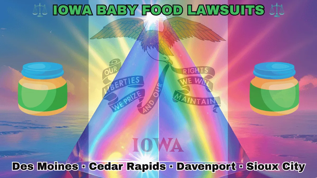 IOWA BABY FOOD LAWSUITS: Boise, Meridian, Idaho Falls, Coeur d'Alene text on IA state flag adorned with Gerber/Beech-Nut jars on the Autism spectrum depicted along blue, white, and red vertical stripes near an eagle and banner