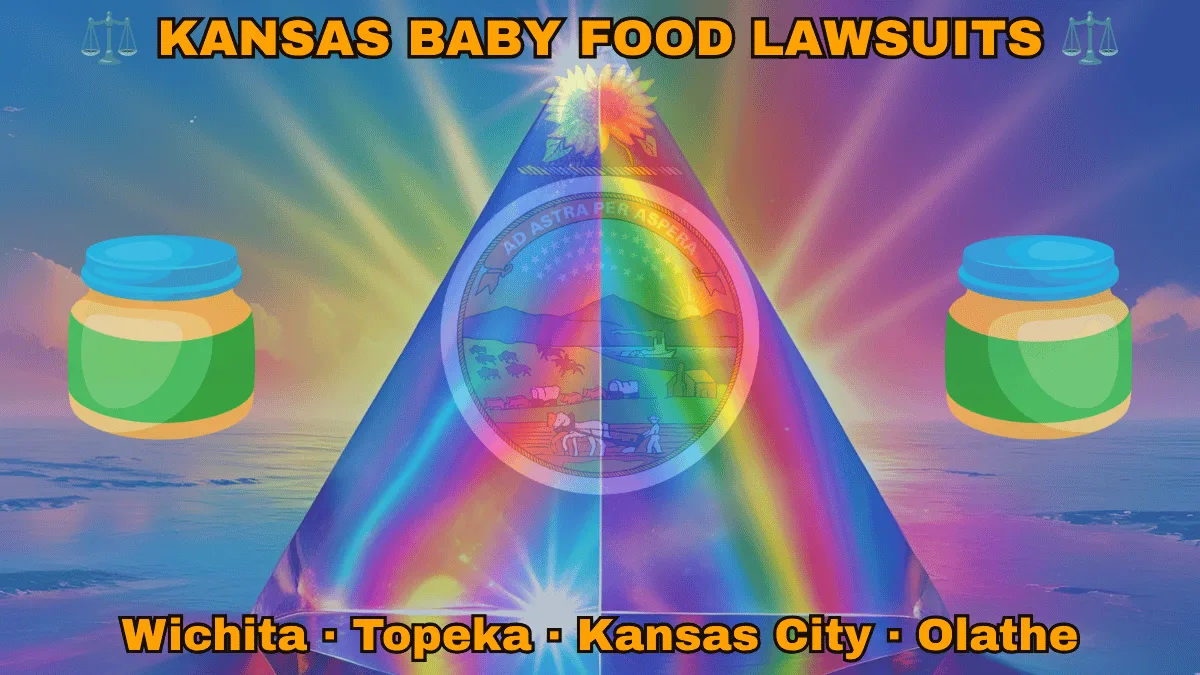 KANSAS BABY FOOD LAWSUITS: Wichita, Kansas City, Olathe, and Topeka text on KS state flag adorned with Gerber/Beech-Nut jars on the Autism spectrum depicted on a blue background near the official seal and a sunflower emblem
