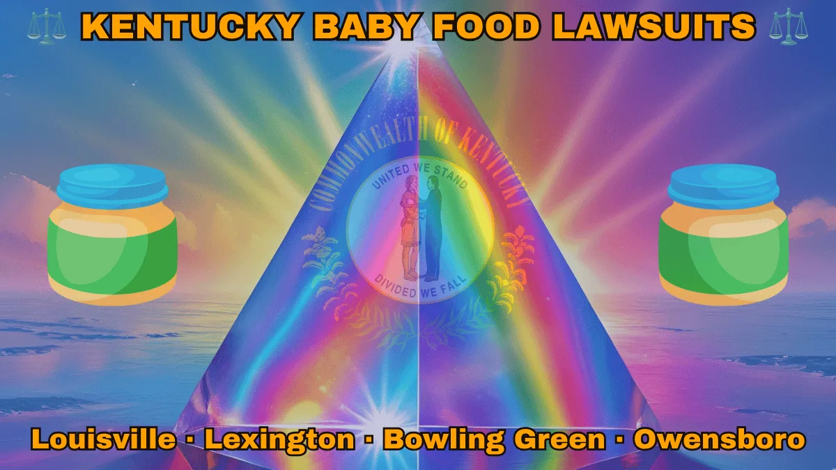 KENTUCKY BABY FOOD LAWSUITS: Louisville, Lexington, Bowling Green, and Owensboro text on KY state flag adorned with Gerber/Beech-Nut jars on the Autism spectrum depicted on a blue field near the official seal and “UNITED WE STAND” motto