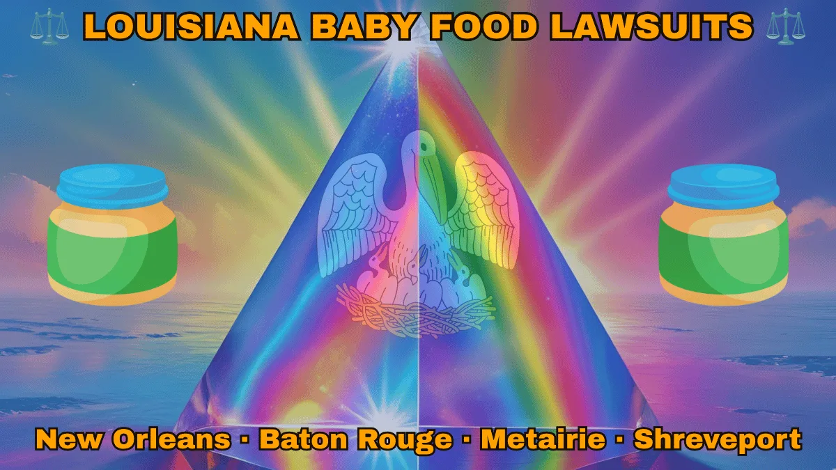 LOUISIANA BABY FOOD LAWSUITS: New Orleans, Baton Rouge, Metairie, and Shreveport text on LA state flag adorned with Gerber/Beech-Nut jars on the Autism spectrum depicted near a pelican feeding chicks with motto “UNION, JUSTICE, CONFIDENCE"