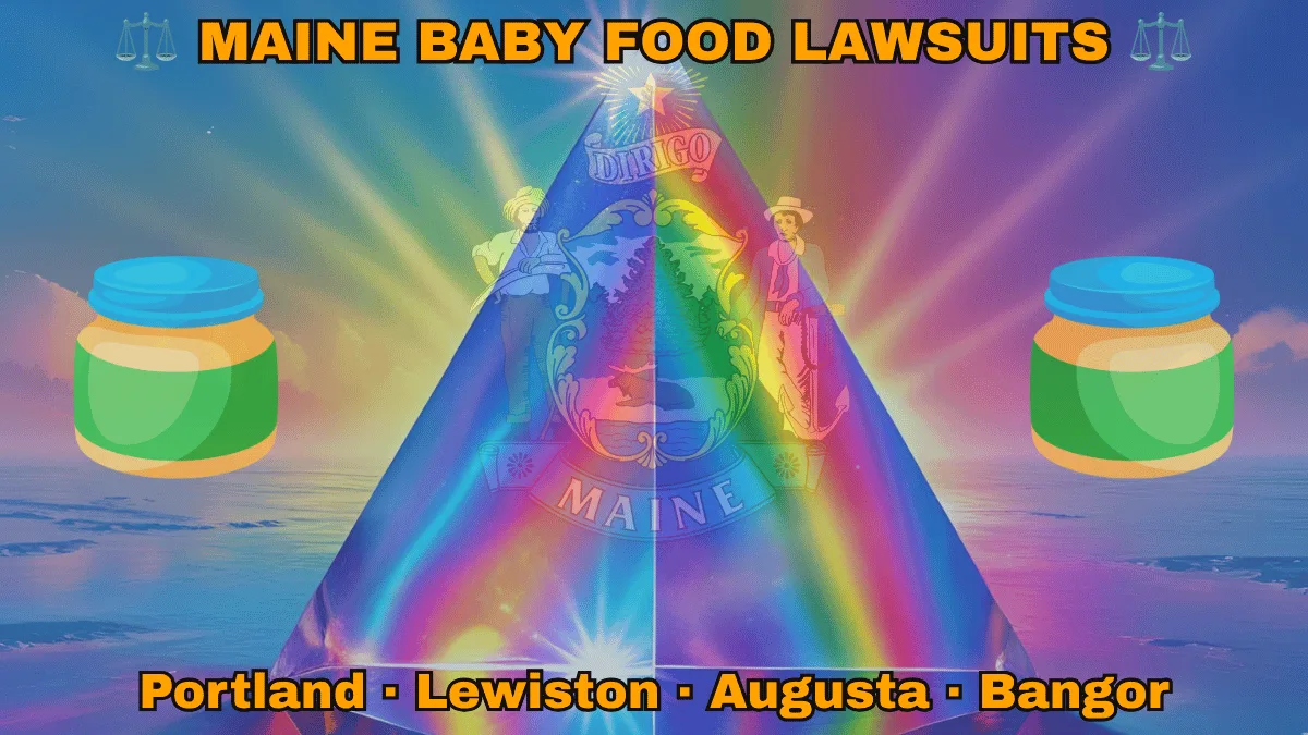 MAINE BABY FOOD LAWSUITS: Portland, Lewiston, Augusta, and Bangor text on ME state flag adorned with Gerber/Beech-Nut jars on the Autism spectrum depicted on a blue field near a shield, pine tree, moose, and “DIRIGO” motto