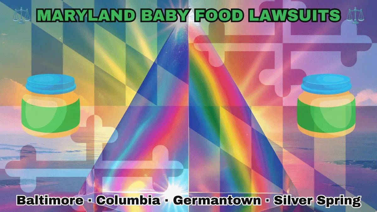 MARYLAND BABY FOOD LAWSUITS: Baltimore, Columbia, Germantown, and Silver Spring text on MD state flag adorned with Gerber/Beech-Nut jars on the Autism spectrum depicted near red and white crosses, and black and gold checkered Calvert arms.
