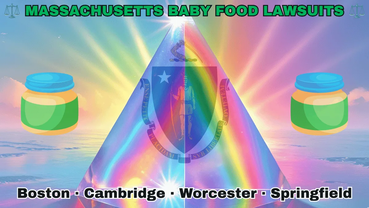 MASSACHUSETTS BABY FOOD LAWSUITS: Boston, Cambridge, Worcester, and Springfield text on MA state flag adorned with Gerber/Beech-Nut jars on the Autism spectrum depicted near a shield featuring a Native American person with bow and arrow under a star and sword.