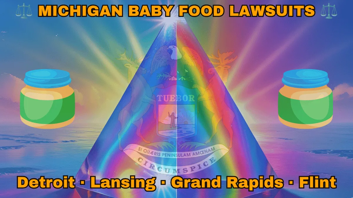 MICHIGAN BABY FOOD LAWSUITS: Detroit, Lansing, Grand Rapids, and Flint text on MI state flag adorned with Gerber/Beech-Nut jars on the Autism spectrum depicted near an elk, moose and bald eagle flanking a shield featuring a man standing on a sunny lake with a raised hand and rifle.