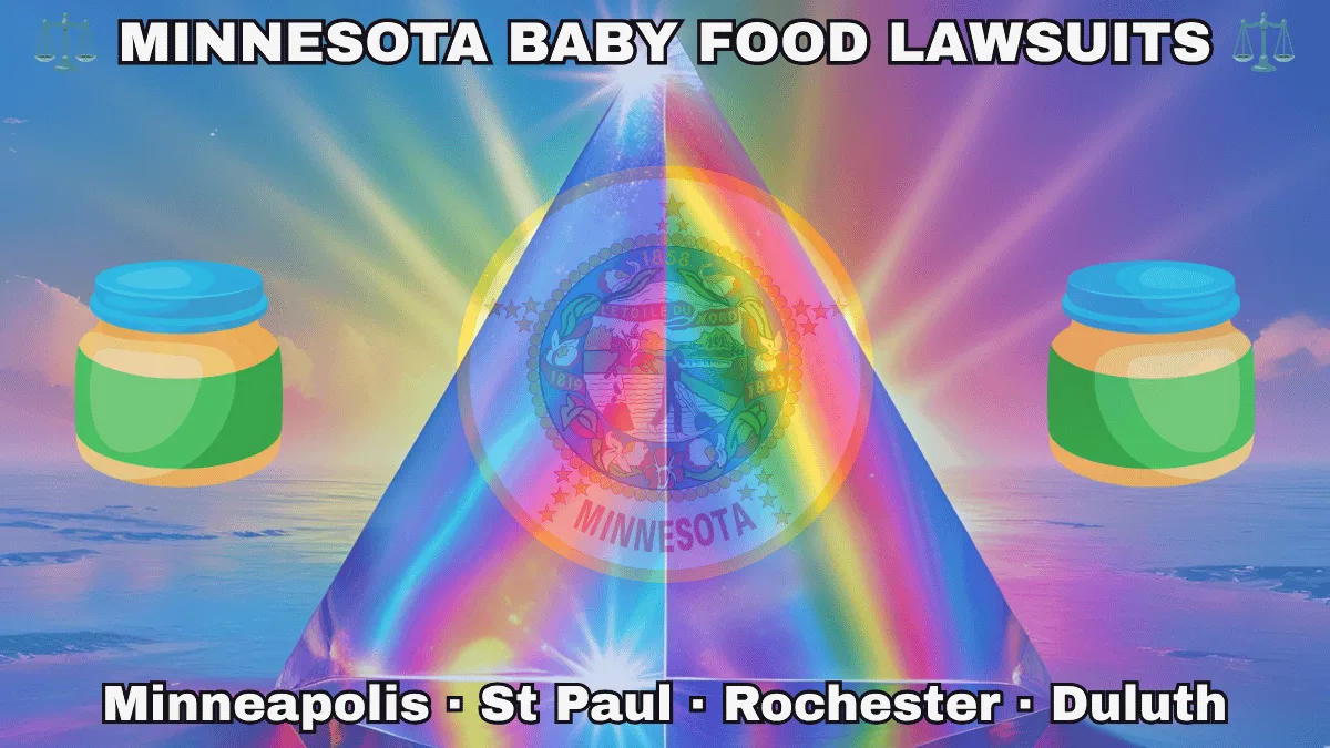 MINNESOTA BABY FOOD LAWSUITS: Minneapolis, St Paul, Rochester, and Duluth text on MN state flag adorned with Gerber/Beech-Nut jars on the Autism spectrum depicted on blue background near the official seal featuring a wreath of pink-and-white lady’s slippers