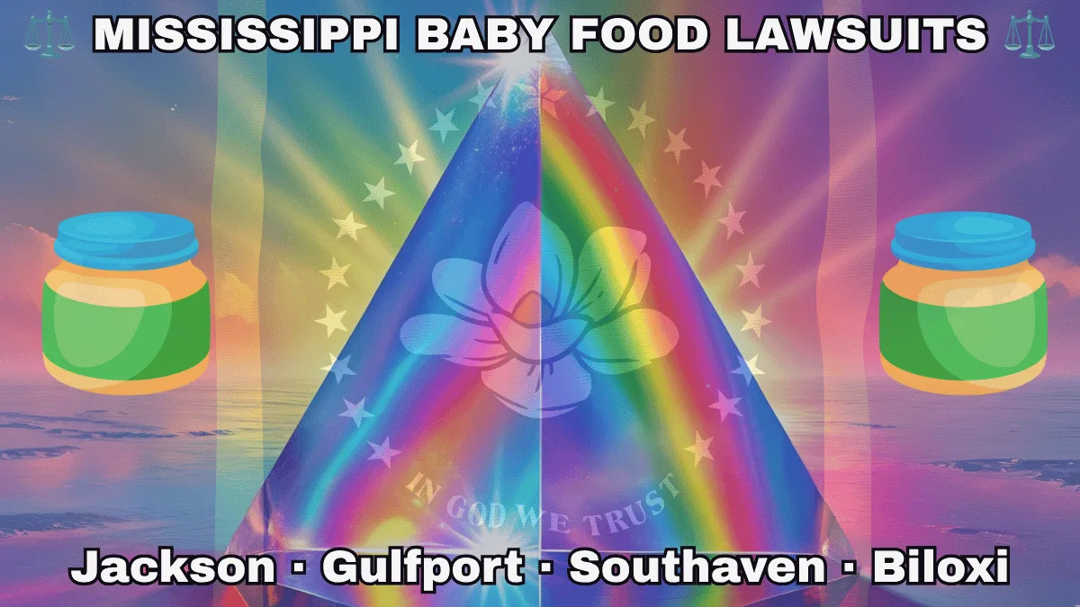 MISSISSIPPI BABY FOOD LAWSUITS: Jackson, Gulfport, Southaven, and Biloxi text on MS state flag adorned with Gerber/Beech-Nut jars on the Autism spectrum depicted along red, gold, and blue stripes near magnolia blossom and stars
