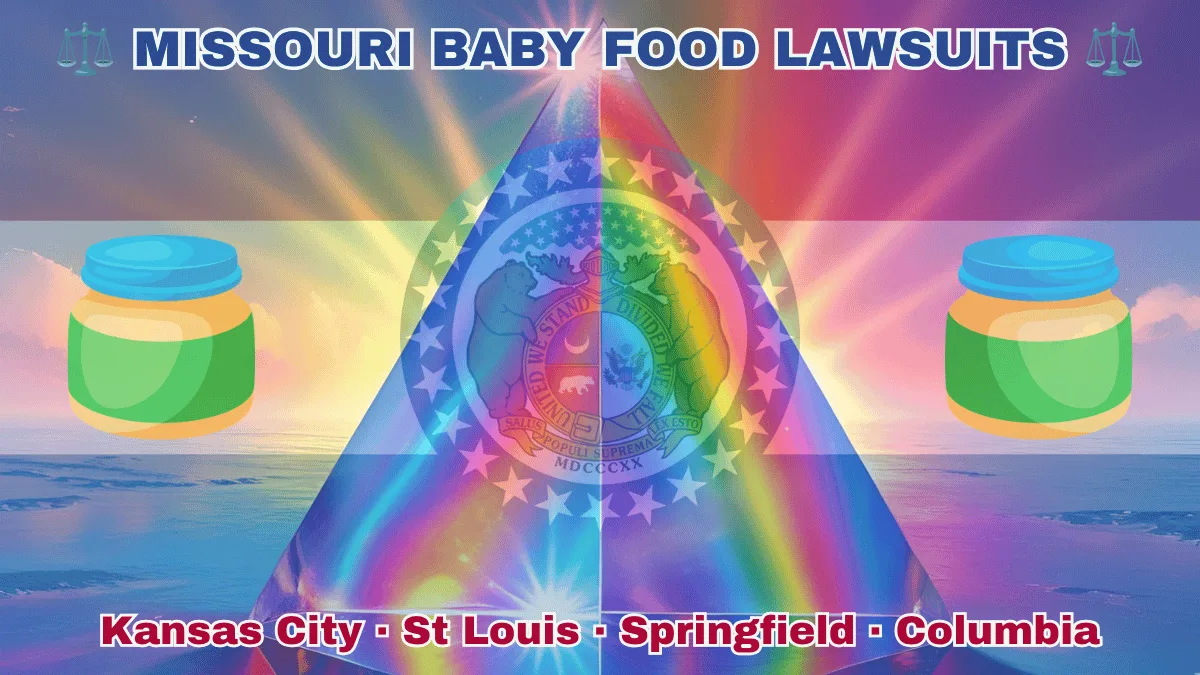 MISSOURI BABY FOOD LAWSUITS: Kansas City, St Louis, Springfield, and Columbia text on MO state flag adorned with Gerber/Beech-Nut jars on the Autism spectrum depicted near a ring of stars featuring two grizzly bears, a shield, and crescent moon, all on a red, white and blue background.