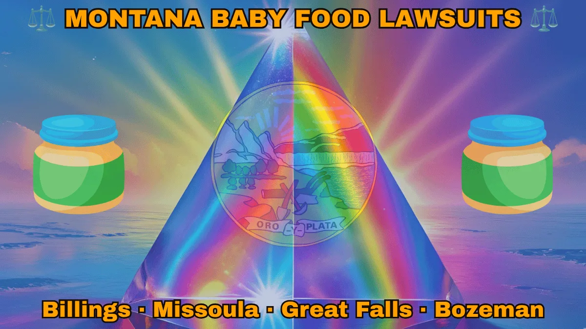 MONTANA BABY FOOD LAWSUITS: Billings, Missoula, Great Falls, and Bozeman text on MT state flag adorned with Gerber/Beech-Nut jars on the Autism spectrum depicted on a blue field near official seal featuring a plow and mountains