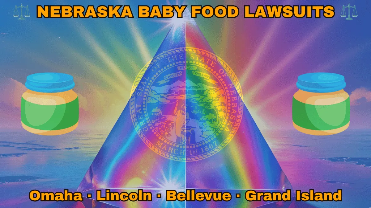 NEBRASKA BABY FOOD LAWSUITS: Omaha, Lincoln, Bellevue, and Grand Island text on NE state flag adorned with Gerber/Beech-Nut jars on the Autism spectrum depicted on a dark blue field near the official seal in gold