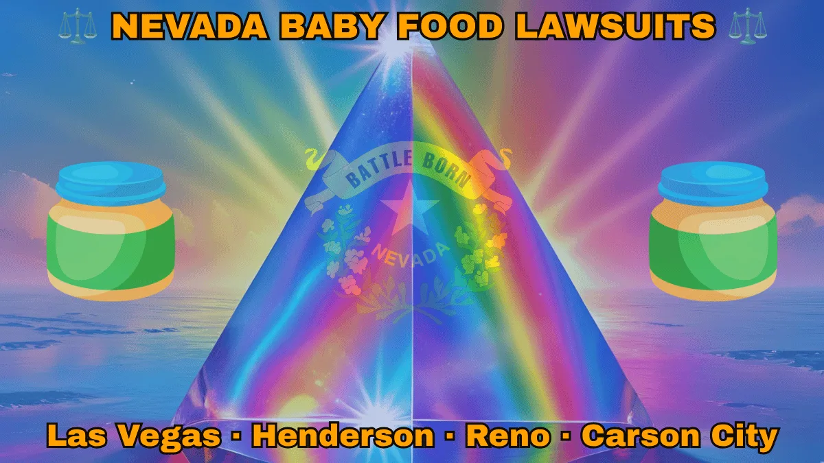 NEVADA BABY FOOD LAWSUITS: Las Vegas, Henderson, Reno, and Carson City text on NV state flag adorned with Gerber/Beech-Nut jars on the Autism spectrum depicted on a blue field near a silver star and “BATTLE BORN” motto