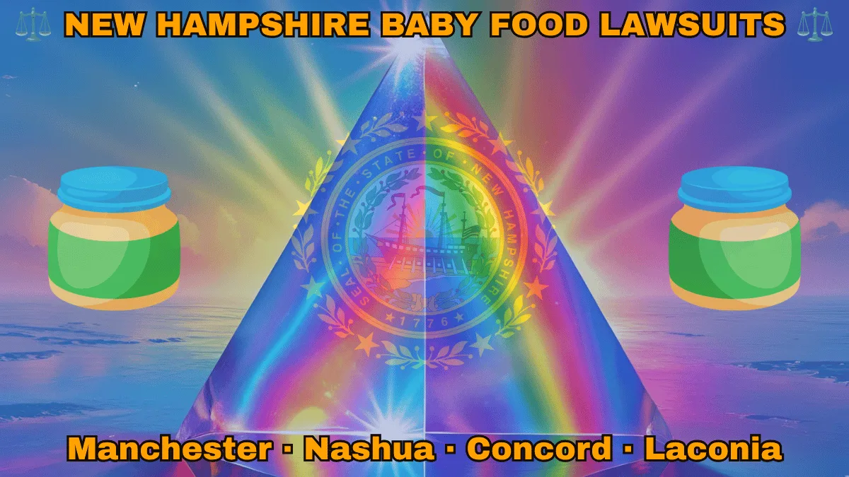 NEW HAMPSHIRE BABY FOOD LAWSUITS: Manchester, Nashua, Concord, and Laconia text on NH state flag adorned with Gerber/Beech-Nut jars on the Autism spectrum depicted on blue field near a Portsmouth's frigate encircled by laurel leaves and stars