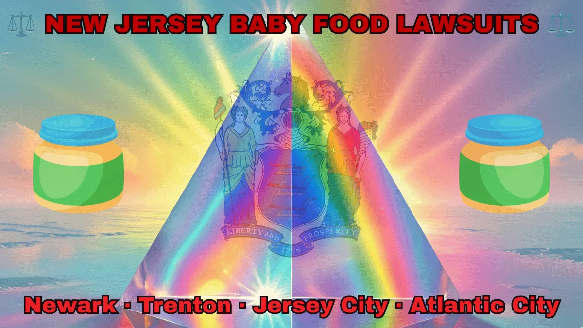NEW JERSEY BABY FOOD LAWSUITS: Newark, Trenton, Jersey City, and Atlantic City text on NJ state flag adorned with Gerber/Beech-Nut jars on the Autism spectrum depicted near a shield with three plows, the goddesses Liberty and Ceres, and a horse head.