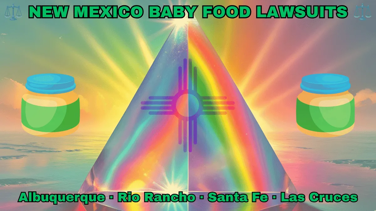 NEW MEXICO BABY FOOD LAWSUITS: Albuquerque, Rio Rancho, Santa Fe, and Las Cruces text on NM state flag adorned with Gerber/Beech-Nut jars on the Autism spectrum depicted on a yellow background near a red Zia sun symbol