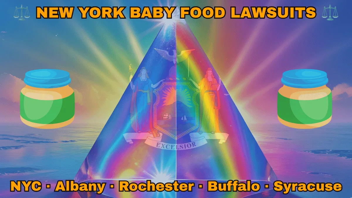 NEW YORK BABY FOOD LAWSUITS: NYC, Albany, Rochester, Buffalo, and Syracuse text on NY state flag adorned with Gerber/Beech-Nut jars on the Autism spectrum depicted near Liberty and Justice holding a sword and scales, an eagle atop a globe, and a shield featuring the sun shining over the mountains onto Hudson River boaters.
