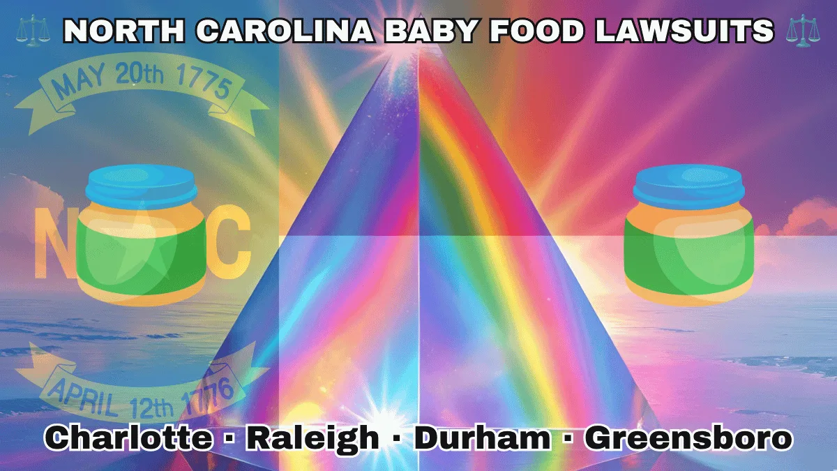 NORTH CAROLINA BABY FOOD LAWSUITS: Charlotte, Raleigh, Durham, and Greensboro text on NC state flag adorned with Gerber/Beech-Nut jars on the Autism spectrum depicted near a star along blue, red and white color blocks.