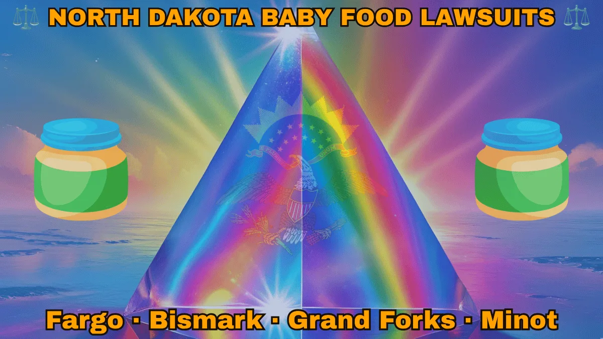 NORTH DAKOTA BABY FOOD LAWSUITS: Fargo, Bismark, Grand Forks, and Minot text on ND state flag adorned with Gerber/Beech-Nut jars on the Autism spectrum depicted on a blue field near a bald eagle, ribbon, and shield.