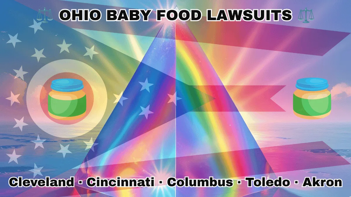 OHIO BABY FOOD LAWSUITS: Cleveland, Cincinnati, Columbus, Toledo, and Akron text on OH state flag adorned with Gerber/Beech-Nut jars on the Autism spectrum depicted near a triangular swallowtail with red, white, and blue stripes and stars.