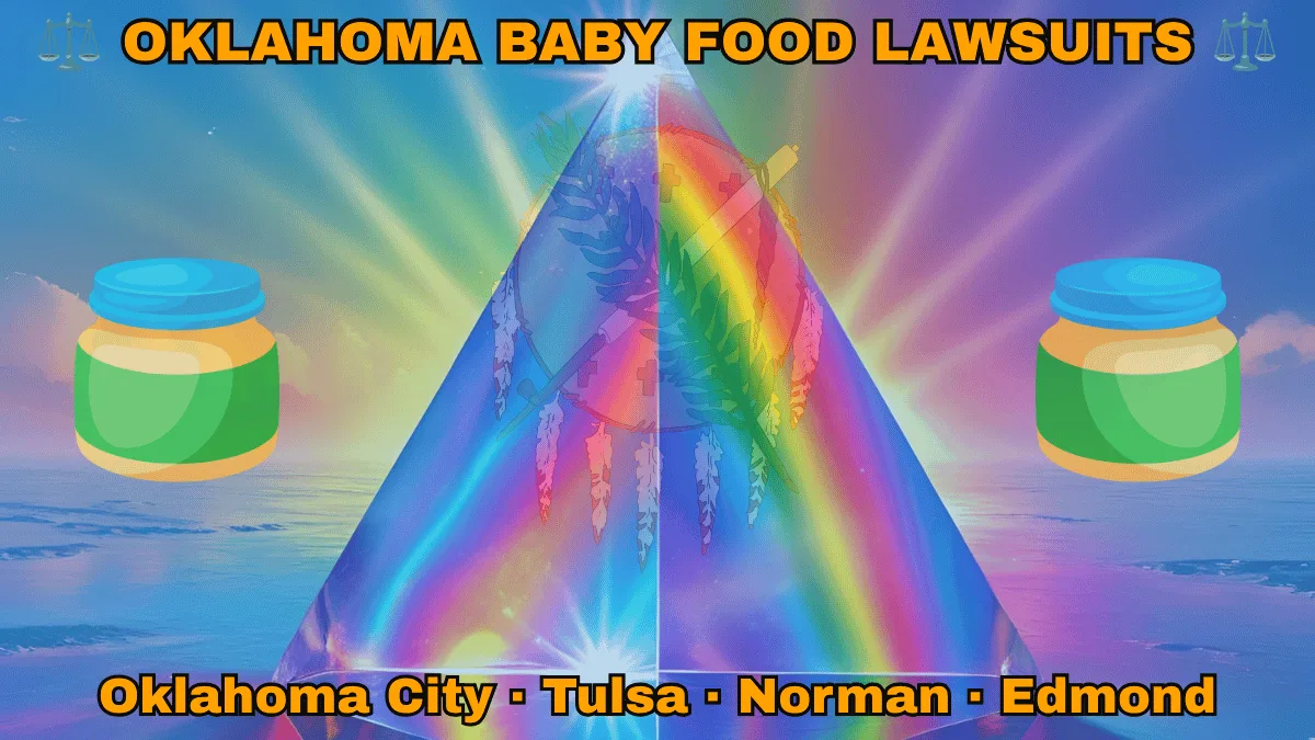 OKLAHOMA BABY FOOD LAWSUITS: Oklahoma City, Tulsa, Norman, and Edmond text on OK state flag adorned with Gerber/Beech-Nut jars on the Autism spectrum depicted on a sky blue field near an Osage shield featuring an olive branch and peace pipe