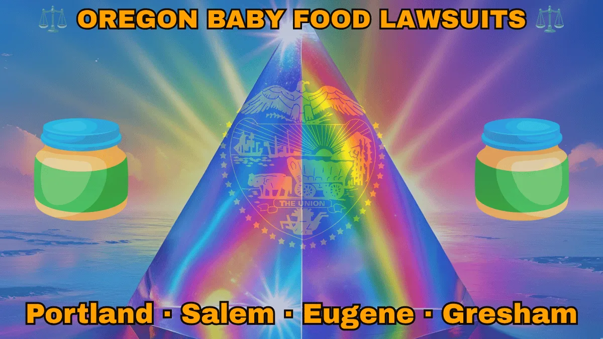 OREGON BABY FOOD LAWSUITS: Portland, Salem, Eugene, and Gresham text on OR state flag adorned with Gerber/Beech-Nut jars on the Autism spectrum depicted on a blue field near a gold seal featuring a covered wagon, an eagle, mountains, and a setting sun, with the year 1859 below.