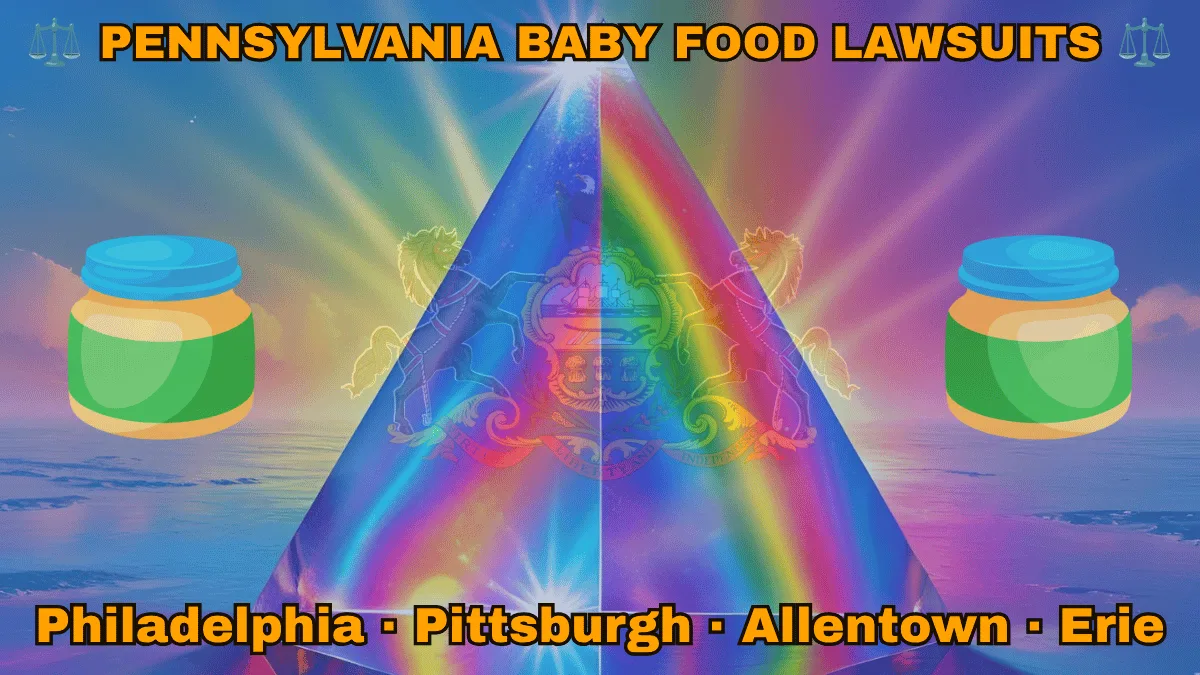 PENNSYLVANIA BABY FOOD LAWSUITS: Philadelphia, Pittsburgh, Allentown, and Erie text on PA state flag adorned with Gerber/Beech-Nut jars on the Autism spectrum depicted near horses and an eagle flanking a shield featuring a ship, plow, and sheaves of wheat.