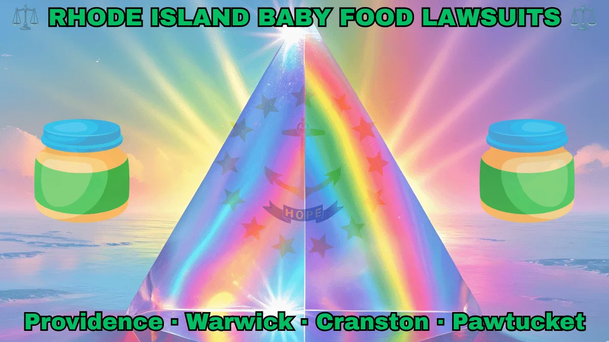 RHODE ISLAND BABY FOOD LAWSUITS: Providence, Warwick, Cranston, and Pawtucket text on RI state flag adorned with Gerber/Beech-Nut jars on the Autism spectrum depicted on a white background near an anchor, gold stars, and “HOPE” motto