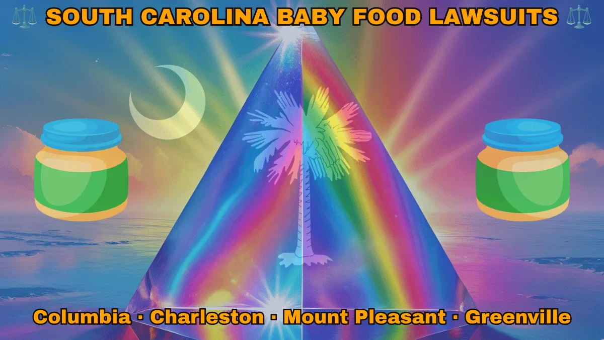 SOUTH CAROLINA BABY FOOD LAWSUITS: Columbia, Charleston, Mount Pleasant, and Greenville text on SC state flag adorned with Gerber/Beech-Nut jars on the Autism spectrum depicted on a blue field near a white palmetto tree and crescent moon