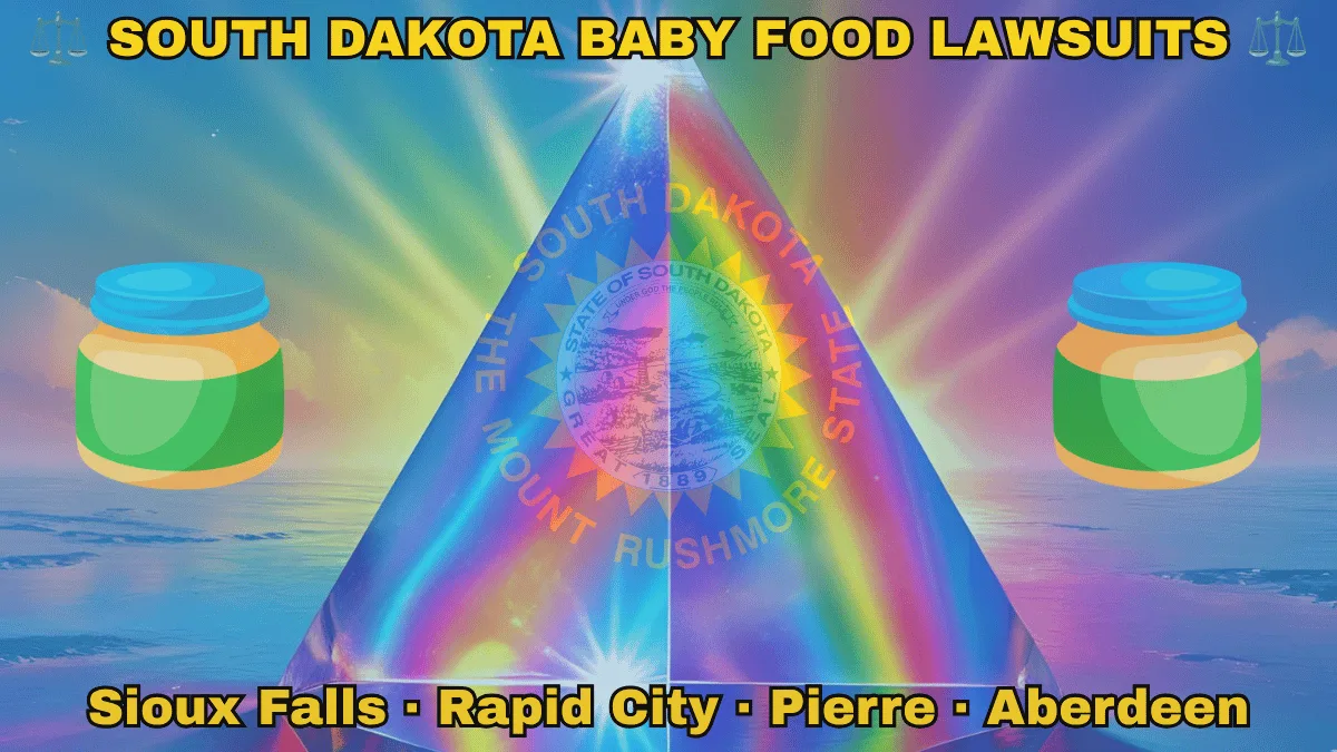SOUTH DAKOTA BABY FOOD LAWSUITS: Sioux Falls, Rapid City, Pierre, and Aberdeen text on SD state flag adorned with Gerber/Beech-Nut jars on the Autism spectrum depicted on a blue field near the official seal and words "THE MOUNT RUSHMORE STATE"