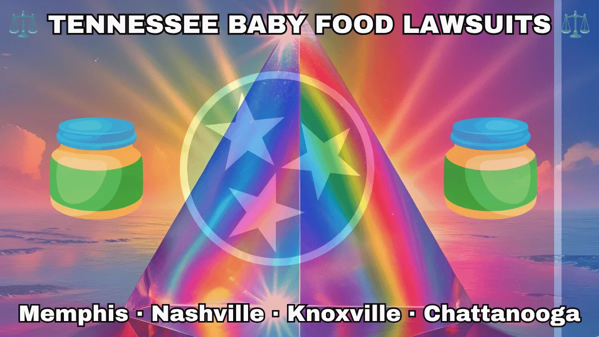 TENNESSEE BABY FOOD LAWSUITS: Memphis, Nashville, Knoxville, and Chattanooga text on TN state flag adorned with Gerber/Beech-Nut jars on the Autism spectrum depicted on a red background near three white stars on a blue circle and vertical blue stripe.